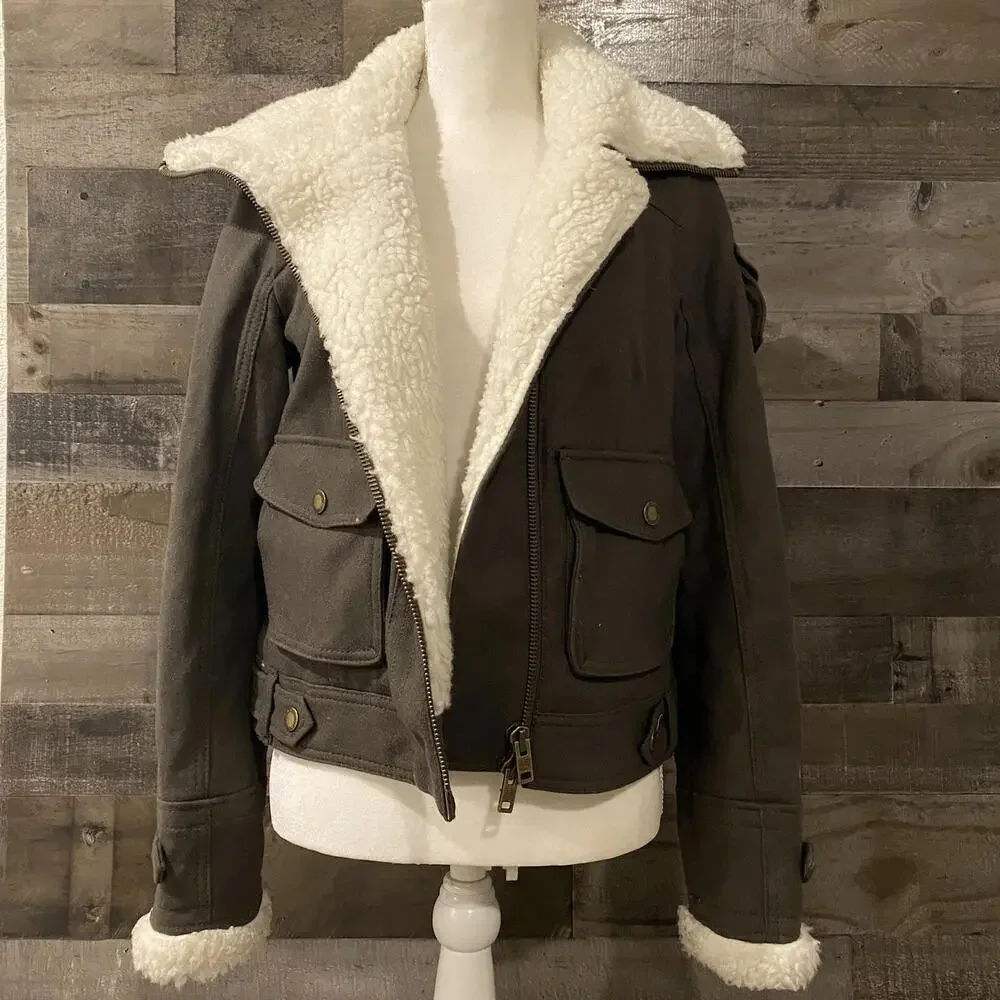 American Eagle Women’s Olive Moto Jacket W/Faux Fleece Trim Size Medium Vintage